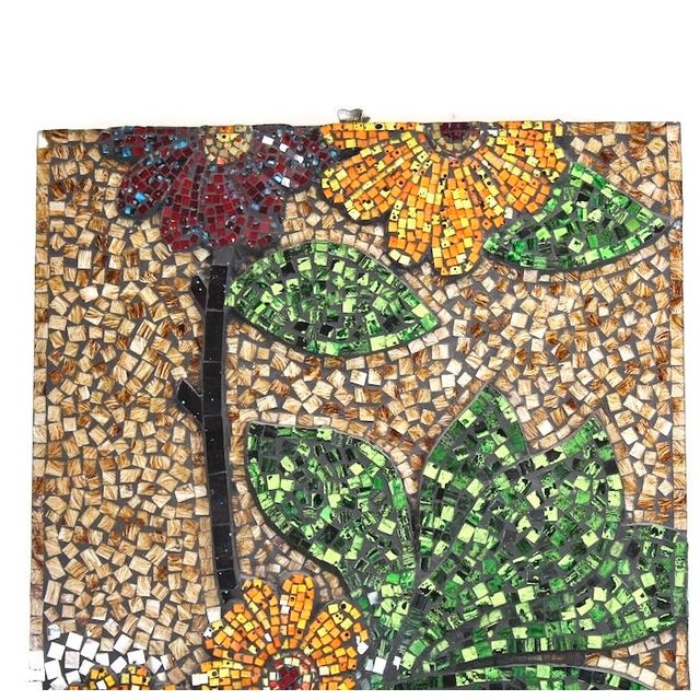 Fine micro mosaic art glass floral design hanging wood panel. Hand-crafted colorful flower design in red, gold yellow,...