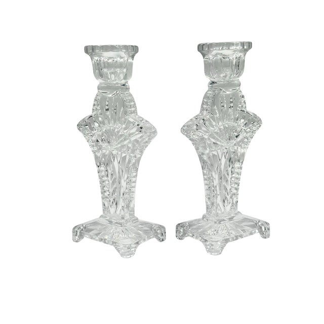 Mid-Century Modern Vintage Pressed Glass Starburst Pinwheel Pattern Candle Holders - A Pair For Sale - Image 3 of 8