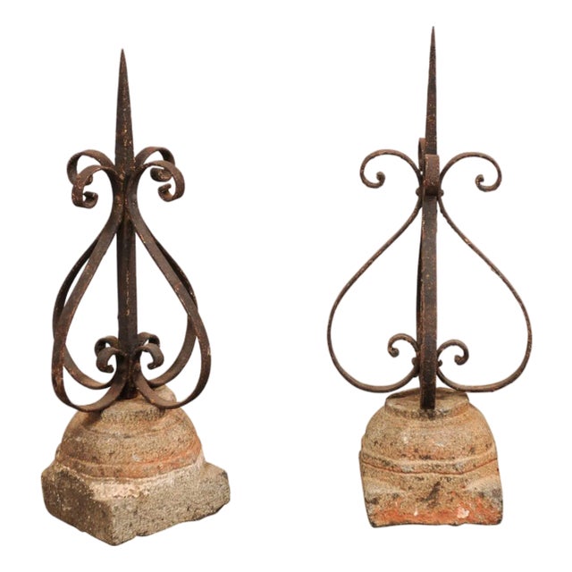 French 19th Century Iron Finials on Granite Bases - Set of 2 For Sale