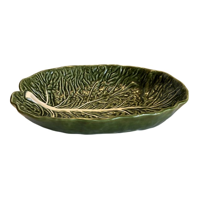 Vintage Olfaire Majolica Style Portugal Oval Cabbage Leaf Serving Bowl Platter For Sale