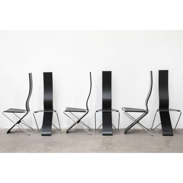 Impronta chair by pietro arosio, 1980s steel frame, black lacquered metal seat, black curved wood backrest in excellent...