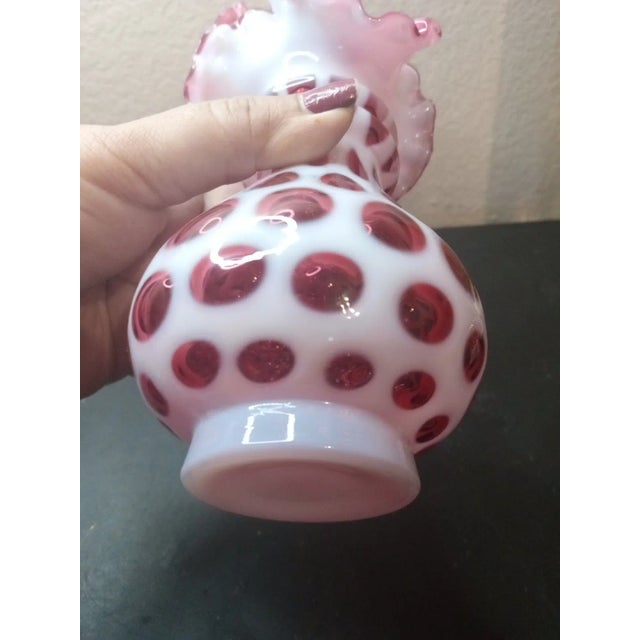 1960s 1960s Exquisite Pair of Fenton Cranberry Opalescent Coin Dot Crimped Edge Vases For Sale - Image 5 of 8
