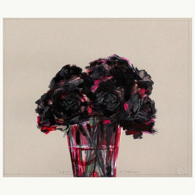 Expressionism Abbie Zabar Red Roses in Red Glass Beaker 1.2.09 Drawing by Abbie Zabar For Sale - Image 3 of 5