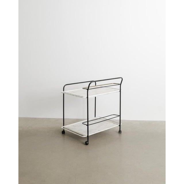 French Mid-Century Drink Serving Trolley in Black & White Metal & Brass by Mathieu Matégot, 1950s For Sale - Image 3 of 7