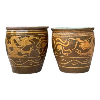 Vintage Chinese Dragon Motif Ceramic Planters - Pair For Sale