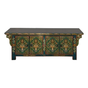 Chinese Tibetan Teal Green Blue Jewel Treasure Graphic Low Tv Console Table