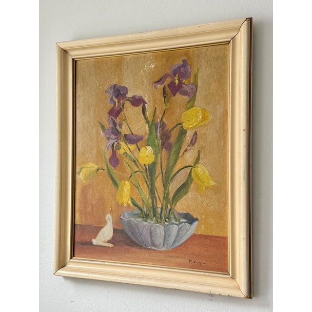 Art Deco Early 20th Century Art Deco Still Life of Irises and Tulips With Bird, Oil on Board, Framed For Sale - Image 3 of 13