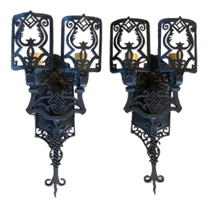 1920s Large Cast Aluminum Sconces With Black Paint - a Pair
