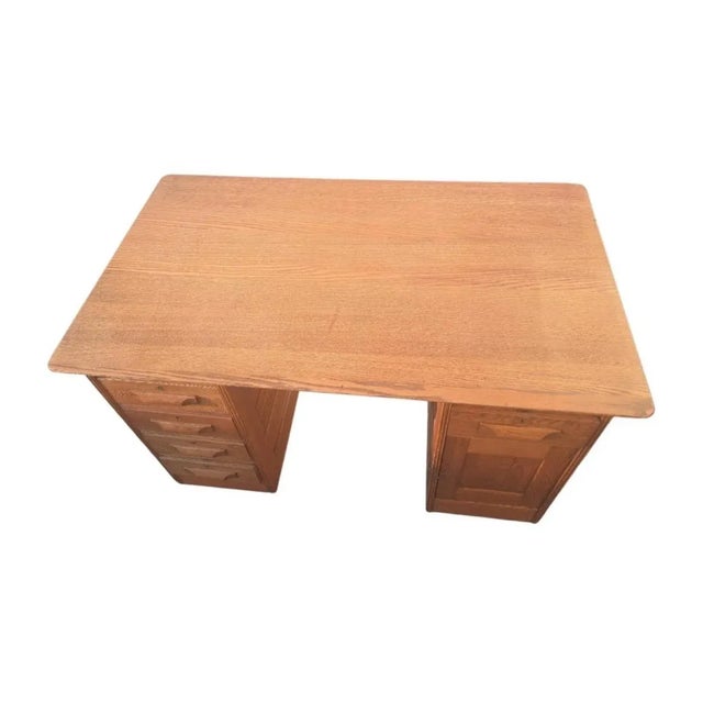 Handcrafted Solid Oak Partners Desk Writing Desk on Wheels, Circa 1960 For Sale - Image 9 of 12