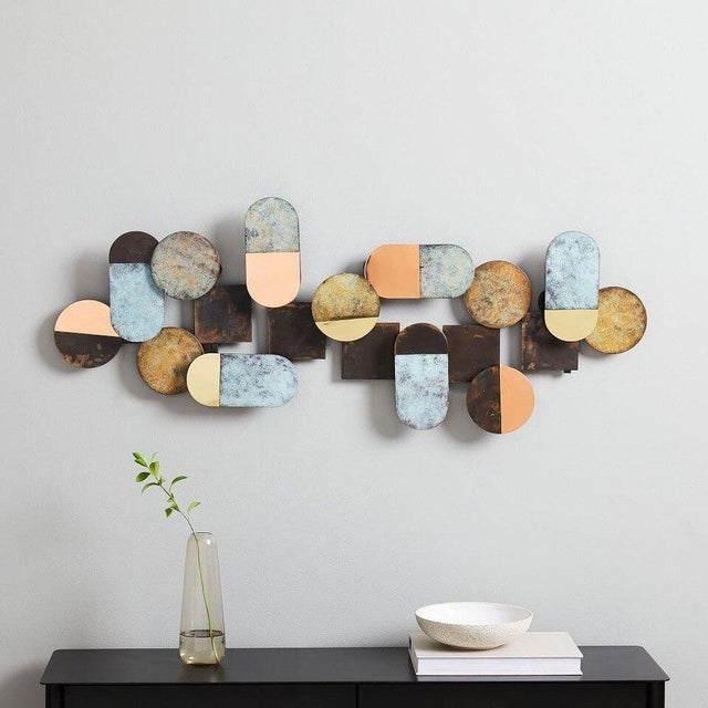 Mid Century Metal Wall Art Patina Geometry Vintage For Sale - Image 17 of 18