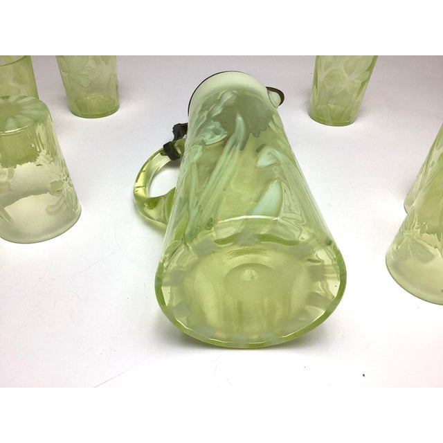 Art Nouveau Early 20th Century Rare Northwood Opalescent Daffodil Uranium Glass Pitcher & Six Glasses Water Lemonade Set For Sale - Image 3 of 10