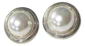 Vintage Faux Pearl Earrings Round Shape Rhinestones Clip on White Gold Tone