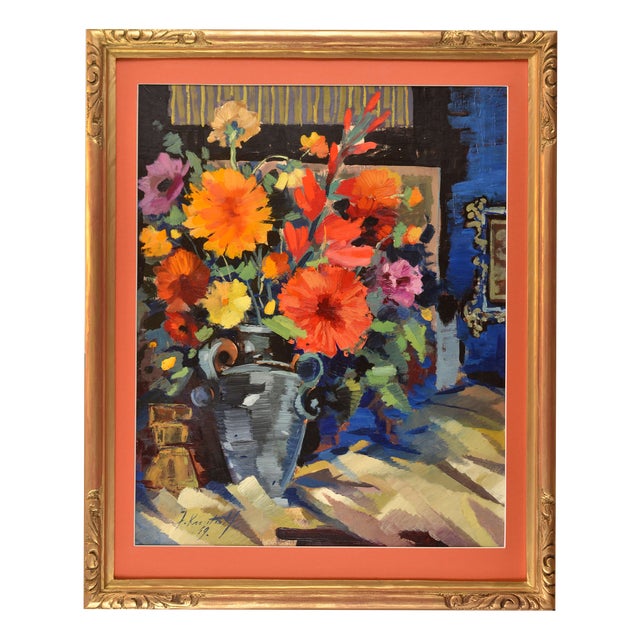 Janis Krontals, Still Life with Flowers, 1969, Oil Painting on Cardboard For Sale
