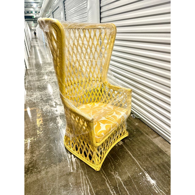 Vintage 1970s High-Back Rattan Wingback Lounge Chairs — Sculptural Coastal Mid-Century Modern Pair For Sale - Image 9 of 11