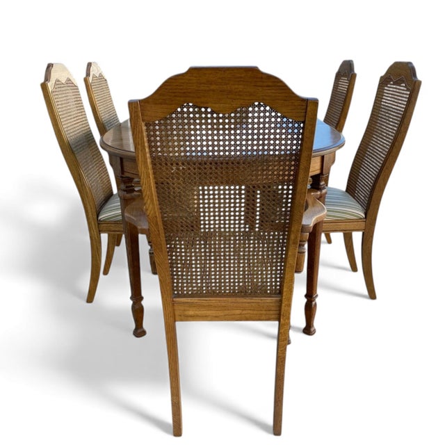 Traditional Oak and Cane Dining Set With Oval Extending Table and Six Chairs For Sale - Image 3 of 7