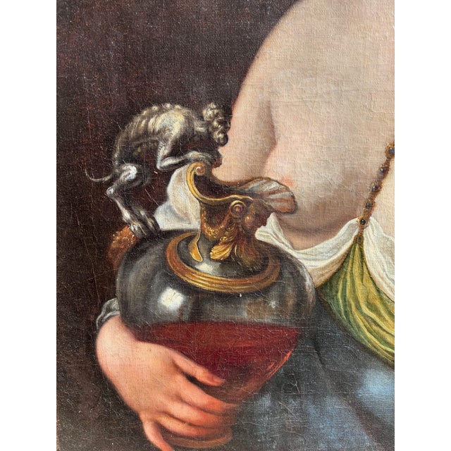 17th Century Framed Oil Painting Italian School Female With Garland of Flowers With Ewer and Cup For Sale - Image 9 of 14