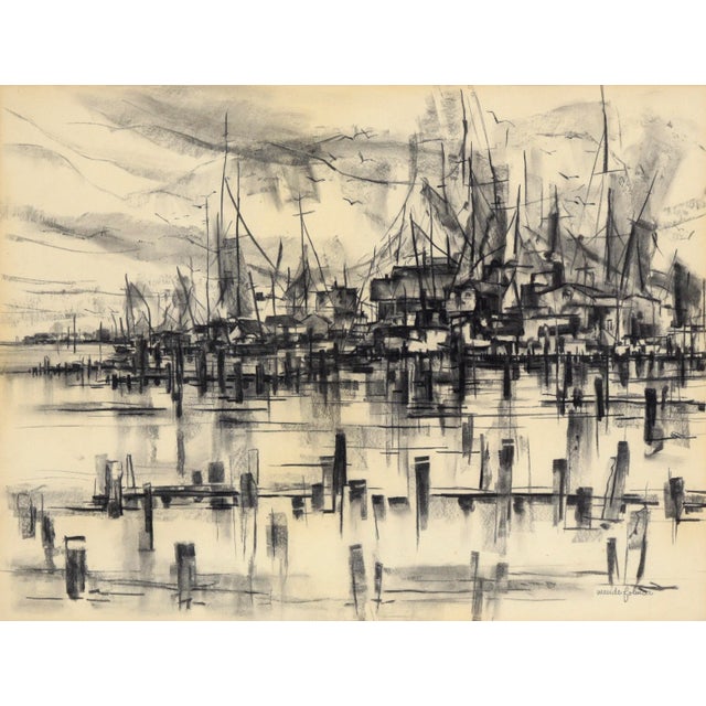 Ships at the Harbor - Nautical Seascape in Charcoal on Paper Detailed and layered harbor scene by Maude Folmar Ramsey...
