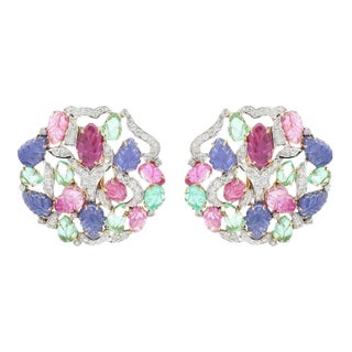 Emerald Ruby and Sapphire Flower Blossom Stud Earrings in 18k Solid White Gold- 2 Pieces For Sale