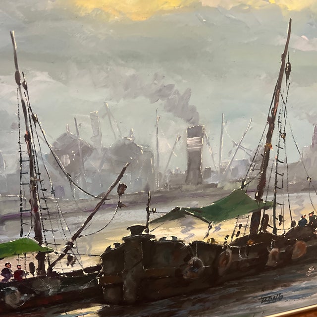 20th Century European School Oil on Canvas Boats in the Harbor Framed Signed For Sale - Image 11 of 12