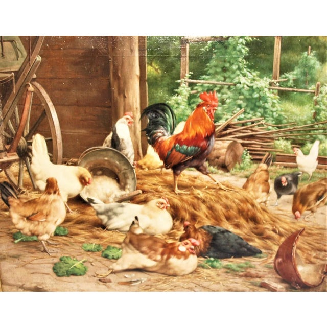 An original antique oil on canvas painting of a barnyard scene. The scene depicts a wagon, rooster and several chickens...
