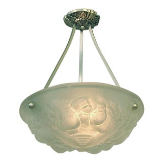 French Deco Era Nickel Hardware Fruit Bowl Motif Pendant Lighting Bowl by Muller For Sale