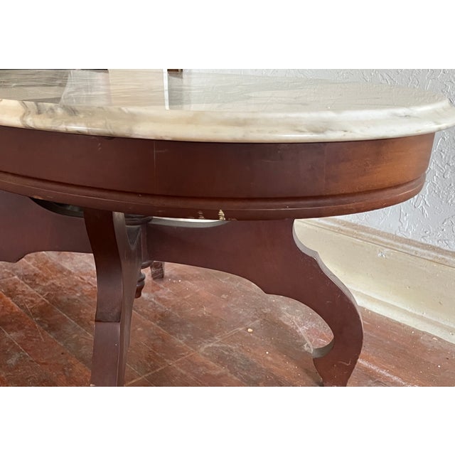 Wood Mid 20th Century French Provincial Style Oval Marble-Top Coffee Table | Italian Marble | Carved Rose Appliqué | X-Stretcher Base For Sale - Image 7 of 12