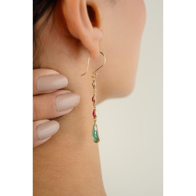 Red Modern Ruby Emerald Long Dangle Drop Earrings for Her For Sale - Image 8 of 11