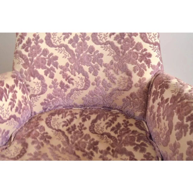 Great "bones" currently in worn lavender brocade fabric, the frame is solid and sturdy, ready to be reupholstered to...
