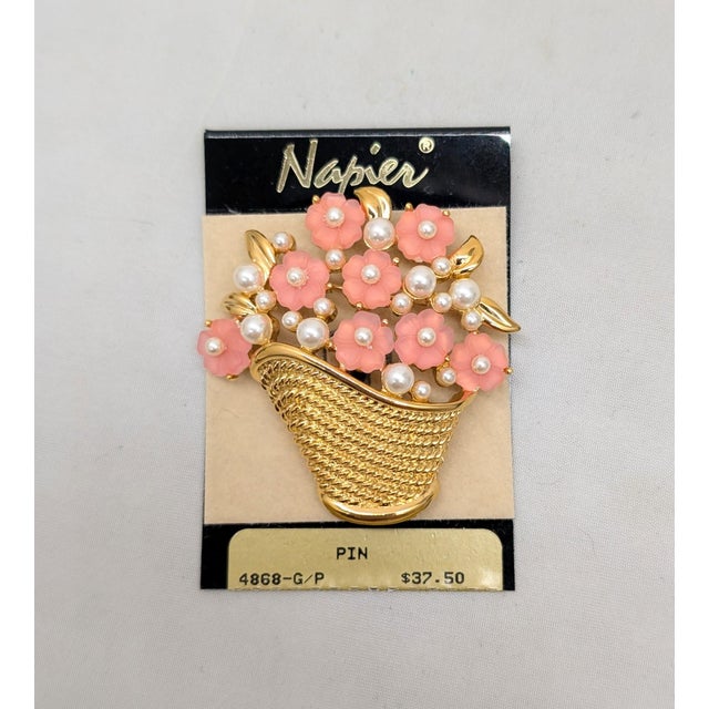 Pink Vintage 1980s Signed Napier Pink Rhinestone Flowers & Faux-Pearls in a Basket Brooch For Sale - Image 8 of 9