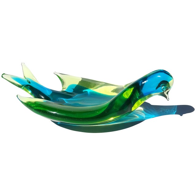 Murano Vintage Sommerso Glowing Uranium Blue Yellow Green Italian Art Glass Bird Shaped Bowl For Sale In Orlando - Image 6 of 11