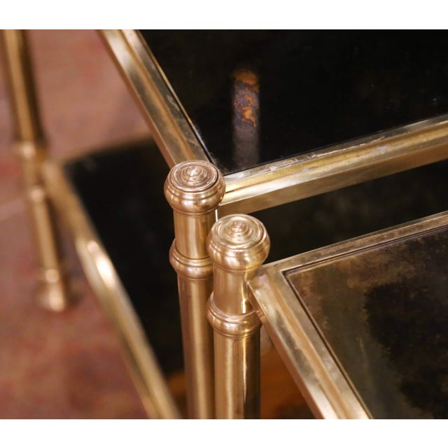 Mid 20th Century Pair of Mid-Century French Brass and Smoked Glass Two-Tier Side Tables For Sale - Image 5 of 7