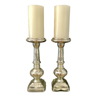 Pair of Pottery Barn Mercury Glass Candle Holders and Pillar Candles For Sale