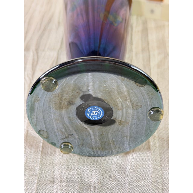 Glass 1991 Orient & Flume Peacock Blue Iridescent Pedestal Art Glass Vase For Sale - Image 7 of 10