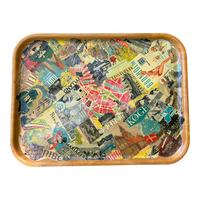 Vintage Handmade Wood Decoupage Denmark Travel Tray For Sale