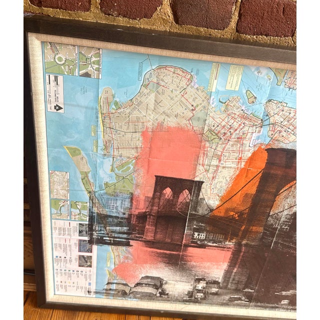 Paper Denis Ouch Brooklyn Bridge Screen Print & Spray Paint Over Nyc Cycling Map For Sale - Image 7 of 9