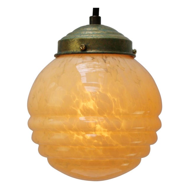 French “Clichy” yellow glass pendant lamp. Brass glass holder 2 meter black cotton flex E26 / E27 Up to 250V (Europe/UK...