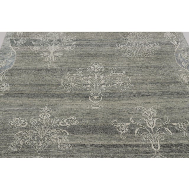 Rug & Kilim Rug & Kilim’s Block Print Rug With Gray Floral Vases and Vine Border For Sale - Image 4 of 10