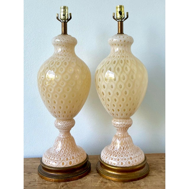 Brass Vintage Italian Murano Glass Lamps - A Pair For Sale - Image 8 of 12