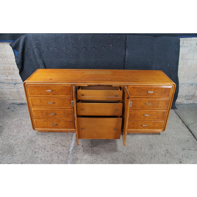 1960s American of Martinsville Art Deco Lowboy Burled Triple Dresser & Mirror MCM For Sale - Image 13 of 16