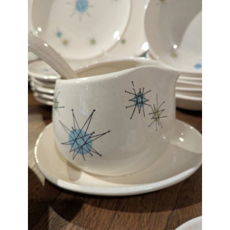 Cream 1950s MCM Franciscan Starburst Dinnerware 56 Pc Set - Service for 6 For Sale - Image 8 of 12