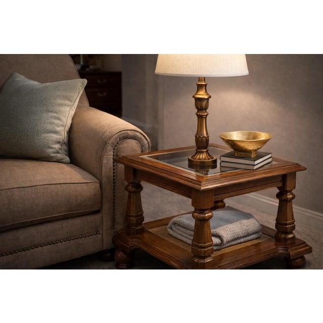 Wood Vintage Burnt Teak Glass Top Accent Table With Cane Shelf – Square Traditional Side Table For Sale - Image 7 of 7