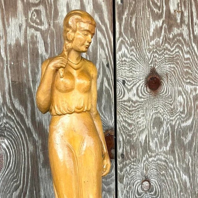 Wood Vintage Boho Carved Sculpture of Woman For Sale - Image 7 of 13