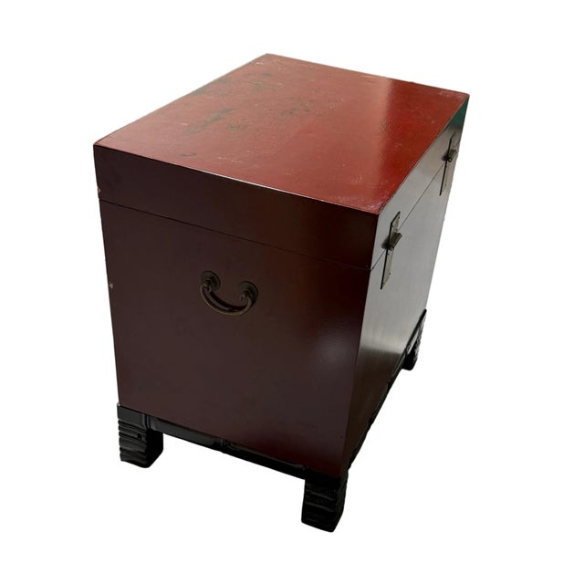 Mid 18th Century Antique Chinese Raised Red Tansu Box With Brass Butterfly Hardware For Sale - Image 5 of 12