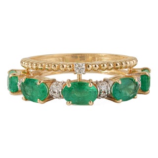 Vintage-Style 2.18ct Oval Emerald & Diamond Double Band Ring in 14k Gold Size 5 For Sale