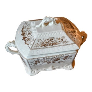 Antique 1889 Johnson Brothers England Sylvan Brown Transferware Sardine Box W Drainer | 3-Piece Lidded Butter Tub Tureen For Sale