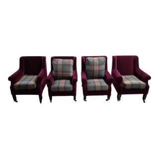 Vintage Mid Century Burgundy Velvet & Plaid Game Chairs - Set of 4 For Sale