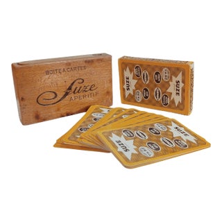Vintage French Advertising Suze Playing Cards With Wood Card Case Circa 1950s For Sale