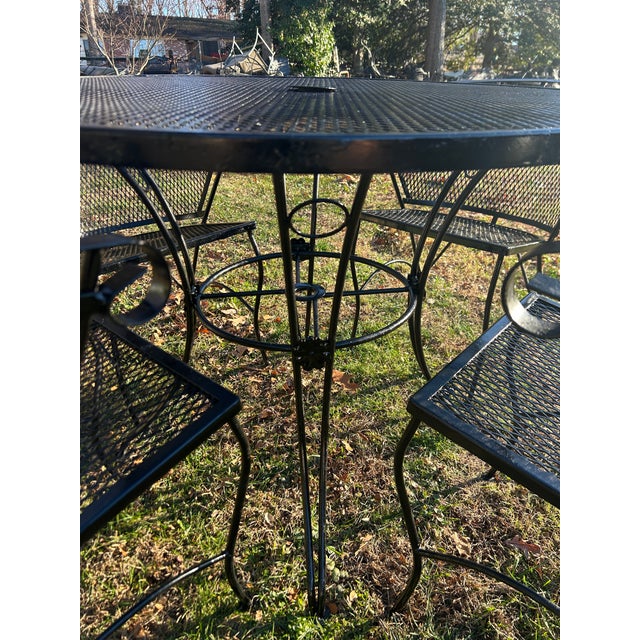 Russell Woodard 1970s Beautiful Vintage Woodard Wrought Iron Patio Set Table and 4 Barrel Chairs, Attributed For Sale - Image 4 of 6