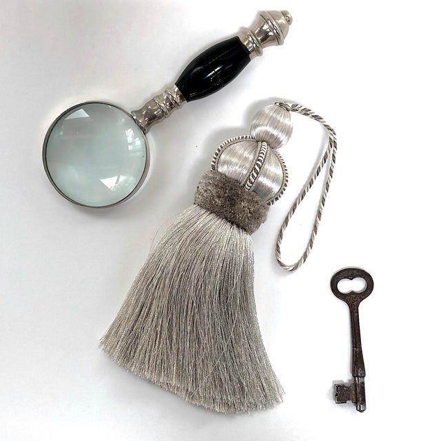 Dove Gray Satin Key Tassel With Platinum Velvet and Gimp Details For Sale - Image 4 of 15