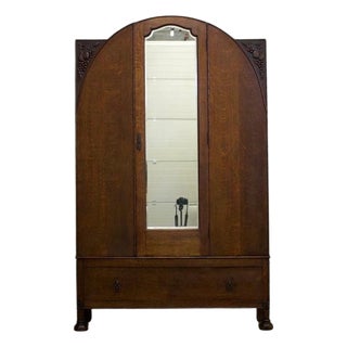 Early 20th Century British Made Art Nouveau Wardrobe Armoire With Stunning Carved Relief Accents and Hardware For Sale
